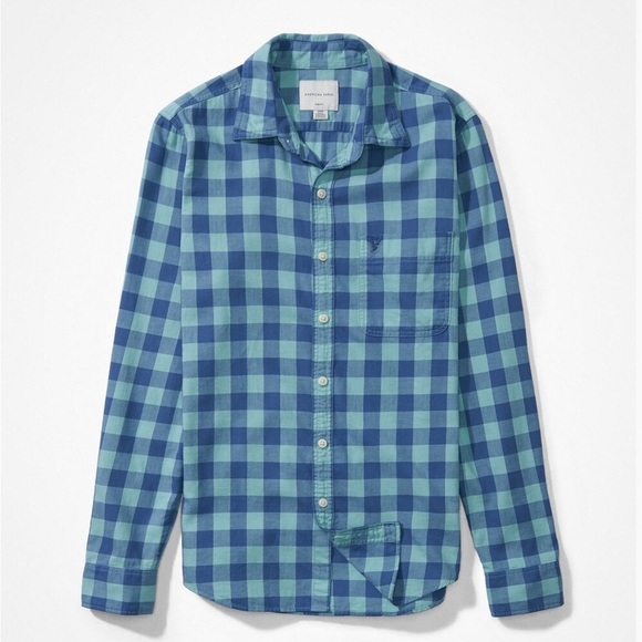 AMERICAN EAGLE MEN BLUE SLIM FIT EVERYDAY BUTTON-UP SHIRT, Super Soft Size Med - Picture 1 of 12